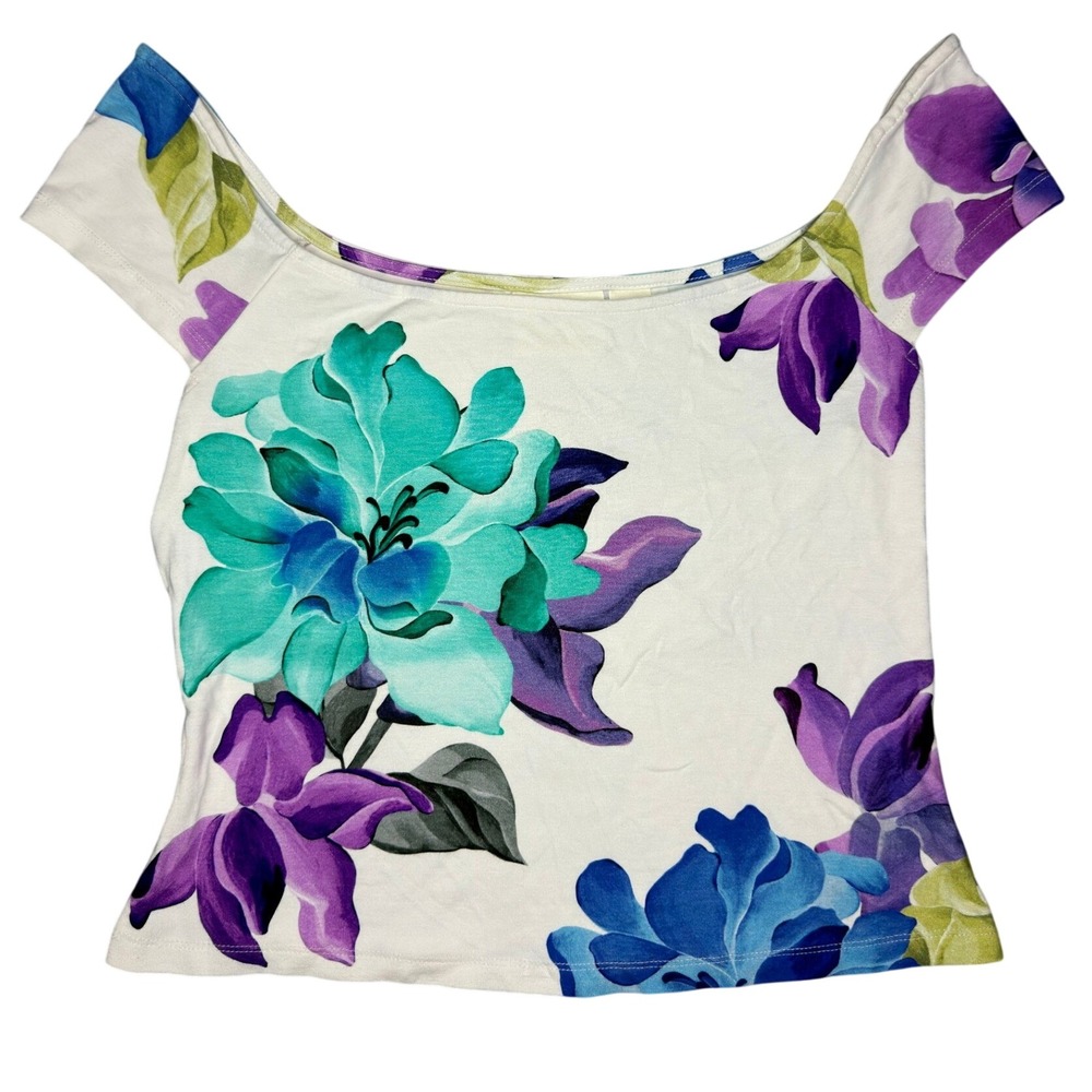 Maeve Anthropologie L Off Shoulder Stretch White Floral Top